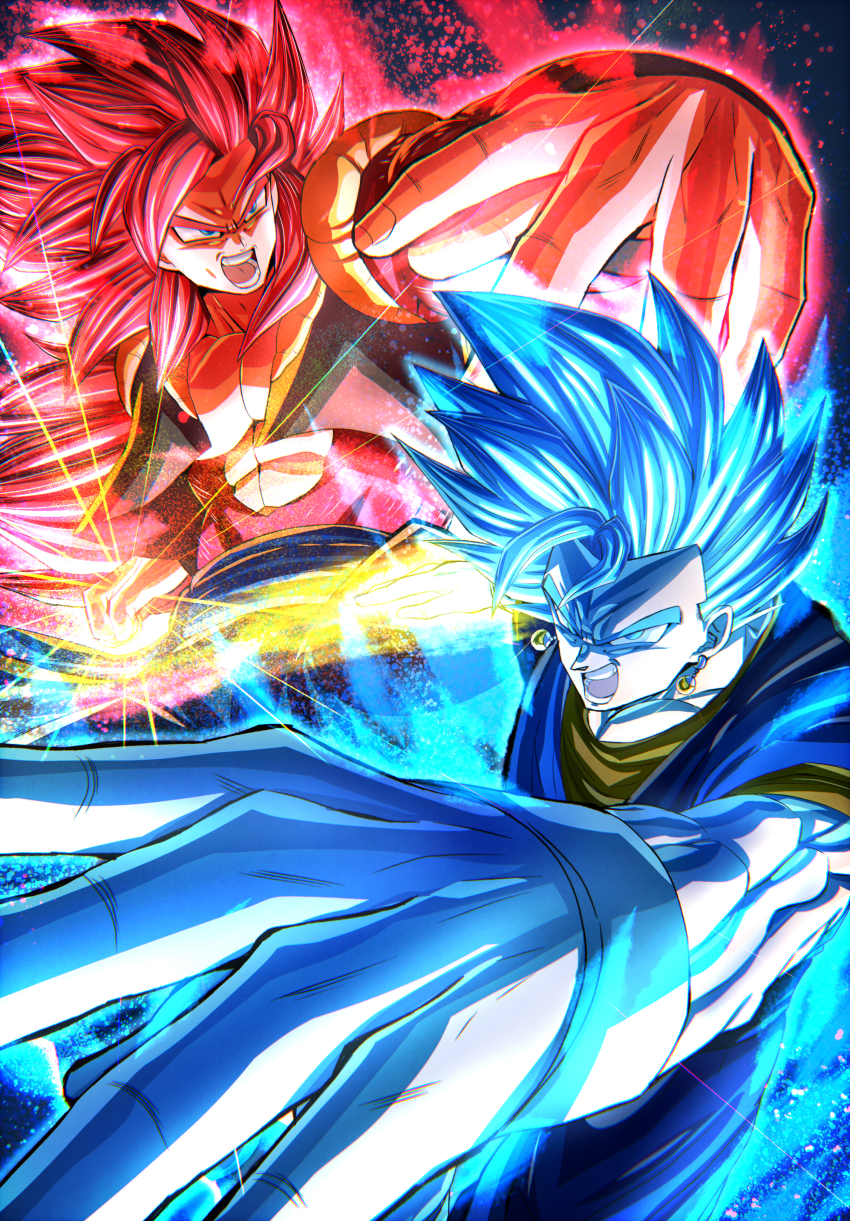 abs absurdres blue_eyes blue_hair blue_sash body_fur chiro_illust dragon_ball dragon_ball_heroes earrings fusion fusion_dance gogeta gogeta_(xeno) highres jewelry male_focus metamoran_vest monkey_boy monkey_tail multiple_boys muscular muscular_male pants pectorals potara_earrings red_fur red_hair sash spiked_hair super_full_power_saiyan_4_limit_breaker super_saiyan super_saiyan_4 super_saiyan_blue tail time_patrol_(dragon_ball) vegetto white_pants