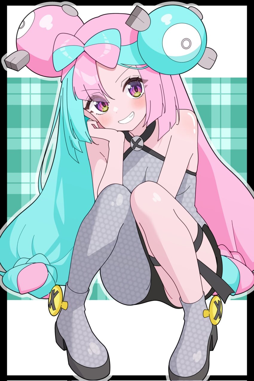 1girl bare_shoulders blue_hair blush bow-shaped_hair breasts character_hair_ornament grey_pantyhose hair_ornament hexagon_print highres iono_(pokemon) long_hair looking_at_viewer medium_breasts multicolored_hair nintendo odorukaminoke open_mouth pantyhose pink_eyes pink_hair pokemon pokemon_sv sharp_teeth single_leg_pantyhose smile solo split-color_hair teeth two-tone_hair