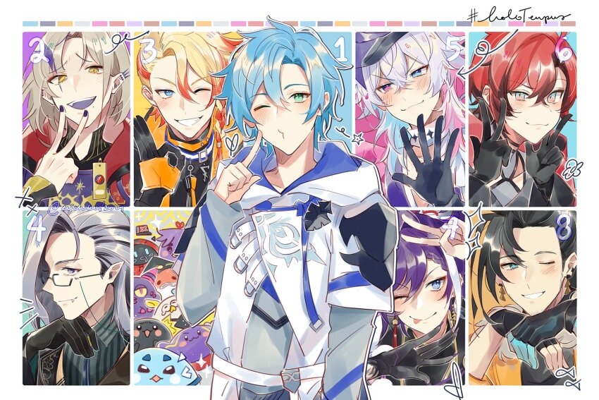 6+boys :3 altventurer_(regis_altare) axel_syrios axelotl_(axel_syrios) banzoin_hakka black_gloves black_hair blonde_hair blue_eyes blue_hair braid choker coll_(erichankun) colored_skin diamond_choker ear_piercing earrings facial_hair feather_earrings feathers gavis_bettel glasses gloves green_eyes grey_hair hair_between_eyes hakkito_(banzoin_hakka) hashtag hat heart heterochromia highres holostars holostars_english holotempus hood hoodie jacket jewelry josuiji_shinri koipanion_(josuiji_shinri) layered_sleeves long_hair long_sleeves looking_at_viewer machina_x_flayon machiroon_(machina_x_flayon) magmite_(magni_dezmond) magni_dezmond male_focus medium_hair mismatched_earrings mole mole_under_mouth multicolored_hair multicolored_skin multiple_boys noir_vesper one_eye_closed open_mouth orange_jacket phantom_(gavis_bettel) piercing pink_eyes pink_hair pointy_ears purple_hair purple_nails red_hair regis_altare scarf short_hair short_over_long_sleeves short_sleeves side_braid smile sparkle spiked_ear_piercing star_(symbol) streaked_hair stubble tassel tassel_earrings twitter_username v vesties_(noir_vesper) virtual_youtuber white_hoodie white_scarf yellow_eyes