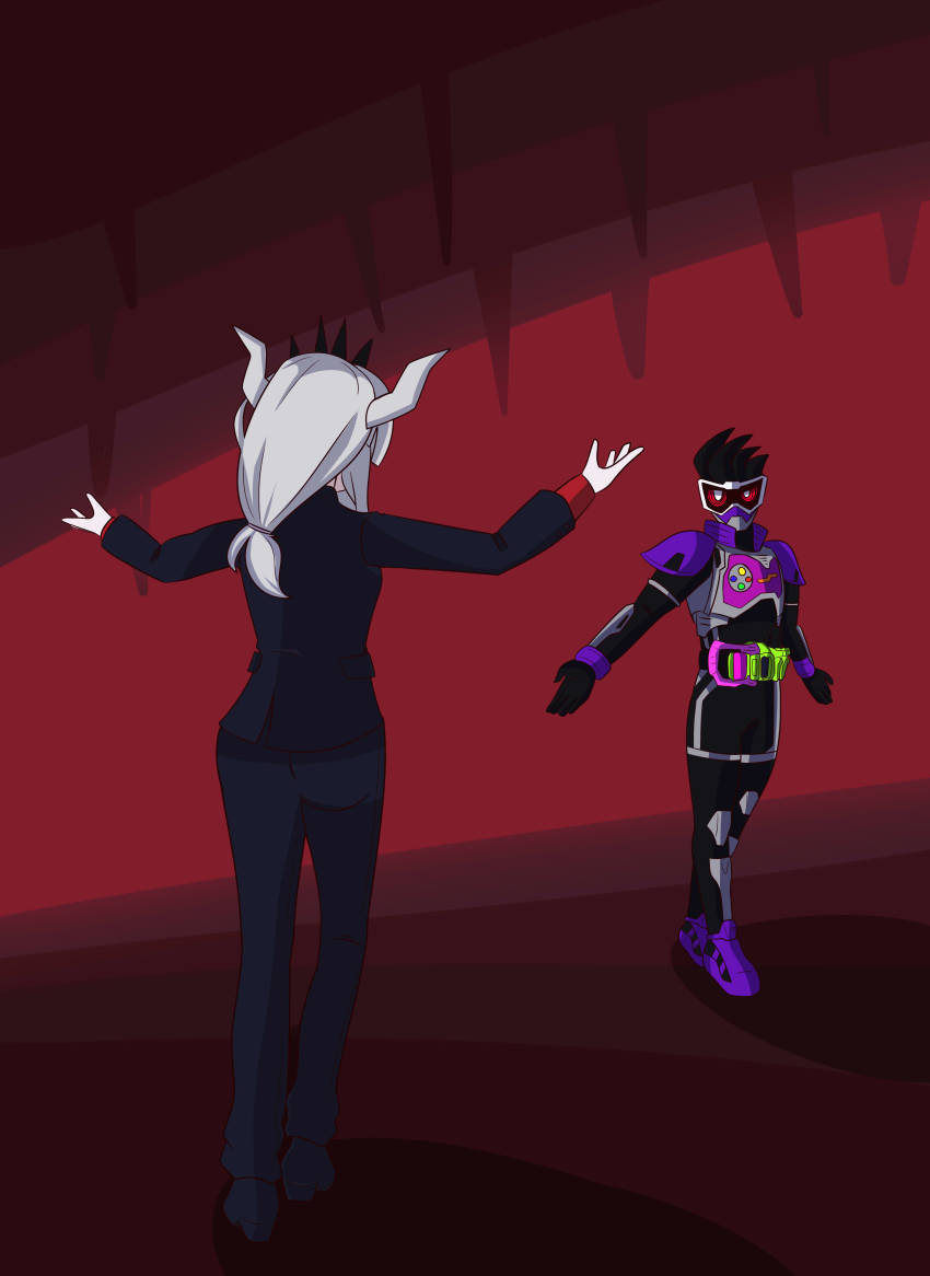 1boy 1girl absurdres action_gamer_level_2 armor bad_id bad_pixiv_id bane_vs._pink_guy_(meme) baneposting_(meme) batman_(series) black_footwear black_jacket black_pants crossover dc_comics demon_girl demon_horns derivative_work from_behind full_body gamer_driver genm_level_0 helltaker highres horns imminent_fight jacket kamen_rider kamen_rider_ex-aid_(series) kamen_rider_genm long_sleeves lucifer_(helltaker) meme open_hands outstretched_arms pants purple_armor purple_footwear red_eyes red_shirt reiei_8 shirt shoes spread_arms the_dark_knight_rises tokusatsu white_horns