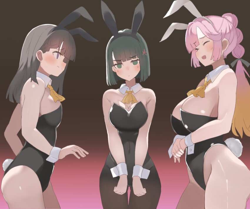 3girls :d ^_^ alternate_costume animal_ear_hairband animal_ears anyoji_hime ascot black_background black_hairband black_leotard black_pantyhose blonde_hair blunt_bangs blunt_ends blunt_sidelocks blush bob_cut braid breasts brown_hair center-flap_bangs cleavage closed_eyes closed_mouth commentary_request covered_navel cowboy_shot detached_collar fake_animal_ears gradient_hair green_eyes hairband highleg highleg_leotard jitome kachimachi_kosuzu large_breasts leotard link!_like!_love_live! long_hair love_live! momose_ginko multi-tied_hair multicolored_hair multiple_girls open_mouth pantyhose pink_background pink_hair playboy_bunny ponytail purple_eyes rabbit_ear_hairband rabbit_ears raised_inner_eyebrows short_hair side_braids sidelocks simple_background small_breasts smile soyo1558686 standing strapless strapless_leotard two-tone_hair v-shaped_eyebrows virtual_youtuber white_hairband white_wrist_cuffs wrist_cuffs yellow_ascot
