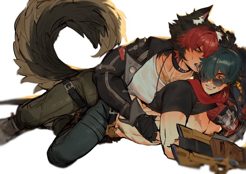 2boys absurdres animal_ears black_choker black_jacket black_shirt blush body_hair cargo_pants choker denim dog_boy ear_piercing fangs fingerless_gloves gauntlets gloves green_hair highres jacket jeans jewelry komano_manato large_pectorals licking lighter_(zenless_zone_zero) multicolored_hair multiple_boys muscular muscular_male necklace pants pectorals piercing pubic_hair scar scarf shirt short_hair sunglasses sweatdrop tail tongue tongue_out white_shirt yaoi zenless_zone_zero