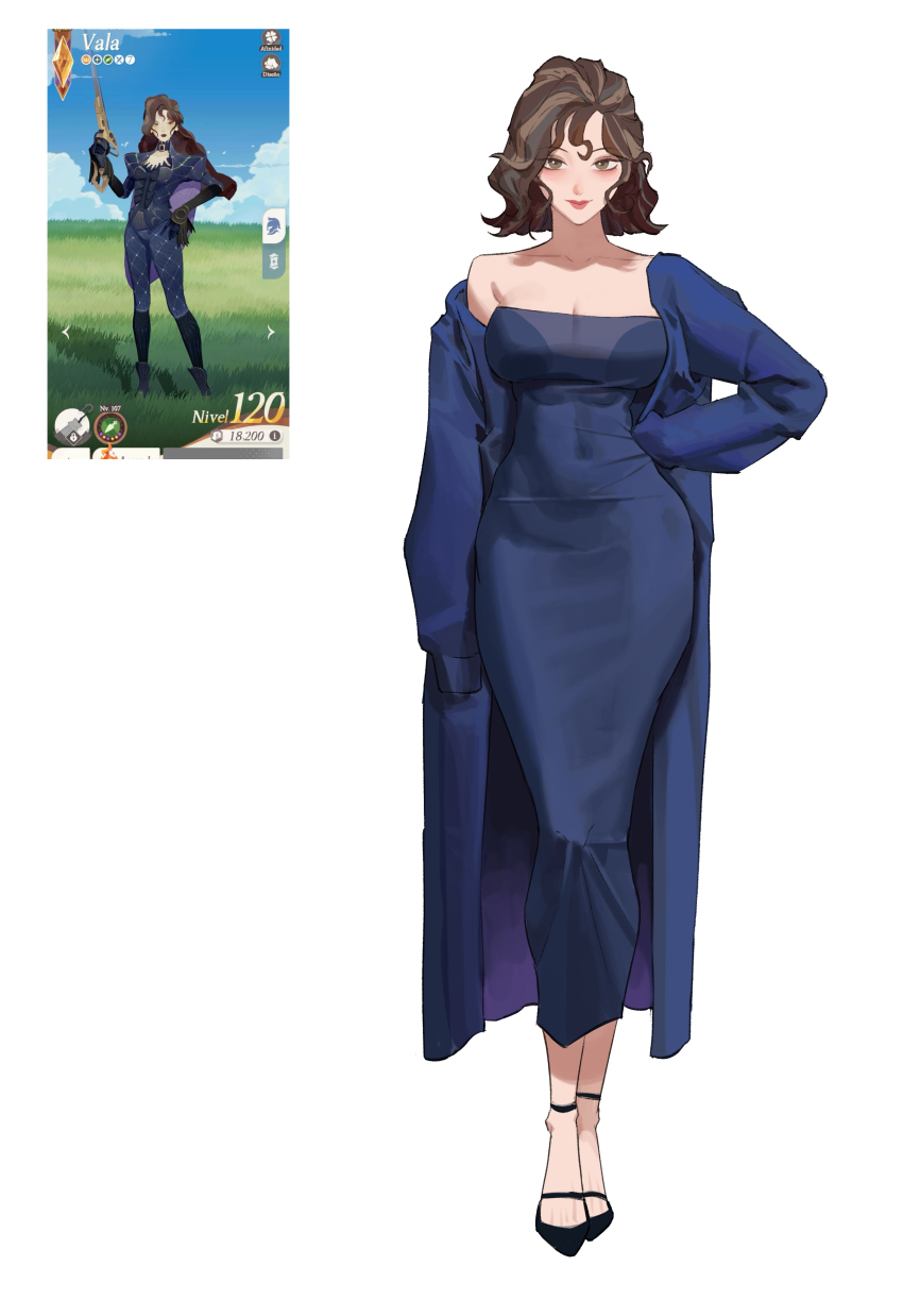 1girl absurdres afk_(series) afk_journey alternate_costume blue_dress blue_sweater breasts brown_eyes brown_hair cleavage dongtan_dress dress gloves highres large_breasts lips long_sleeves made_in_2024 meme_attire short_hair sweater taut_clothes taut_dress vala_(afk) wonbin_lee