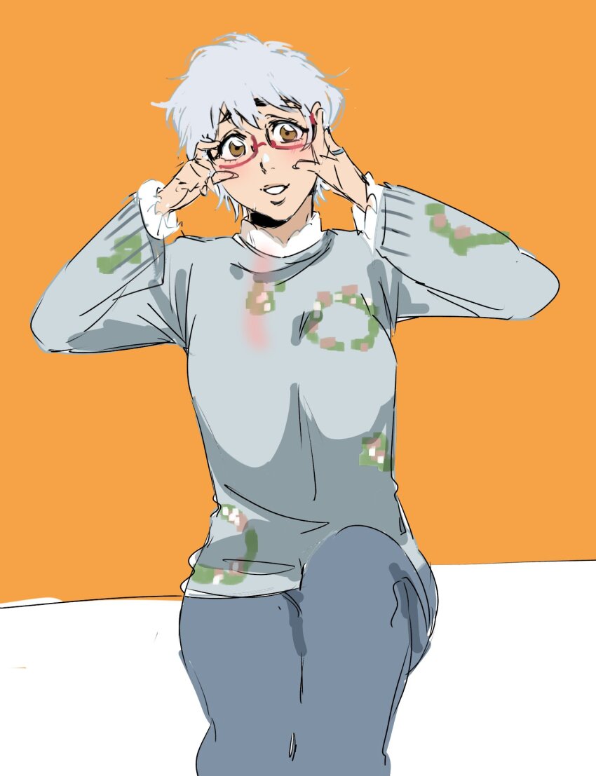 1girl adjusting_eyewear bleach bleach:_sennen_kessen-hen blush breasts brown_eyes denim flower_print glasses jeans jewelry kotetsu_isane kubo_tite_(style) looking_at_viewer orange_background pants ring sekihan_(6kihan) short_hair sitting sketch smile solo sweater thick_eyebrows white_hair