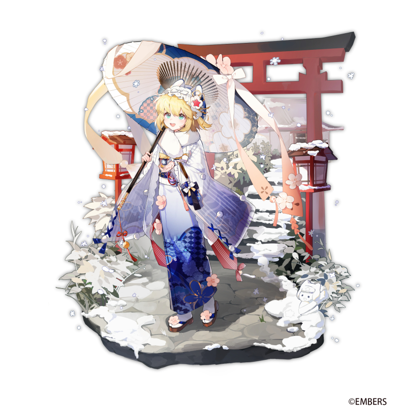 1girl animal_ear_fluff animal_ears architecture arin_(fanfan013) ash_arms b-4_(ash_arms) bag beret blonde_hair blue_bag blue_eyes blue_hat blue_kimono blue_ribbon blue_umbrella bow brown_sandals cat_ears cherry_blossoms commentary_request copyright_notice cross-laced_clothes cross-laced_sleeves east_asian_architecture flower footwear_flower frilled_hairband frills full_body fur_scarf gradient_clothes gradient_kimono hair_bow hair_ornament hairband hat highres holding holding_bag holding_umbrella japanese_clothes kimono lantern light_blush long_sleeves looking_ahead medium_hair official_alternate_costume official_art oil-paper_umbrella okobo open_mouth outstretched_arm pink_flower plant platform_sandals pom_pom_(clothes) ribbon sandals scarf simple_background sleeve_ribbon smile snow snowing snowman socks solo stairs standing star_(symbol) star_hair_ornament tabi torii two-tone_umbrella umbrella white_background white_bow white_hairband white_scarf white_socks white_umbrella wide_sleeves yukata