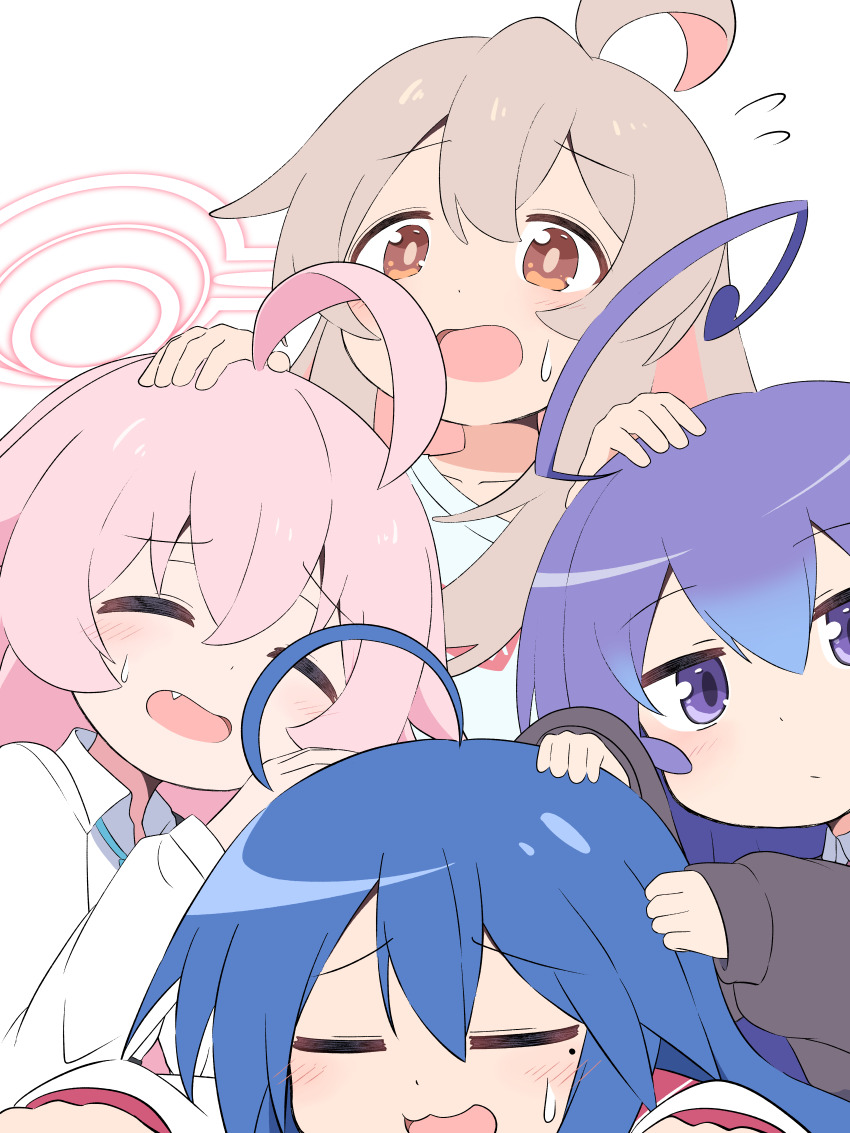 4girls absurdres acchi_kocchi ahoge blue_archive blue_hair closed_eyes commentary_request crossover fang flying_sweatdrops hair_between_eyes halo hand_on_another&#039;s_head highres hoshino_(blue_archive) izumi_konata long_hair long_sleeves look-alike looking_at_viewer lucky_star master_m_489 miniwa_tsumiki mole mole_under_eye multiple_crossover multiple_girls onii-chan_wa_oshimai! open_mouth orange_eyes oyama_mahiro pink_hair purple_eyes school_uniform sweatdrop trait_connection