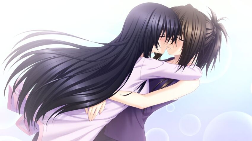 2girls arm_around_neck arms_around_waist black_hair braid brown_hair closed_eyes dare_ga_koroshita_komadori_wo dutch_angle floating_hair game_cg hug imminent_kiss jacket kawano_ran lens_flare long_hair long_sleeves multiple_girls parted_lips ponytail purple_shirt shirt sleeveless sleeveless_shirt standing straight_hair suien ugi_kotori very_long_hair white_jacket yuri