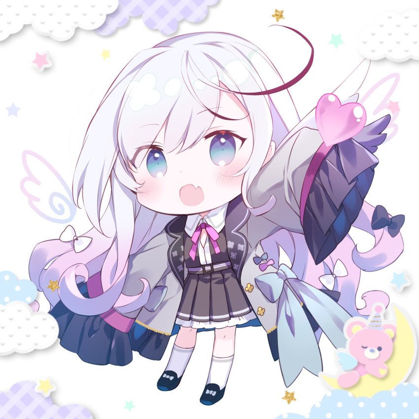 1girl :o arm_up awae_iroha bear belt black_bow black_dress black_footwear blue_bow blue_eyes bow chibi collared_dress commentary_request crescent detached_wings dot_nose dress eyes_visible_through_hair fang footwear_bow frilled_sleeves frills gradient_hair grey_jacket hair_bow hair_ornament heart highres ibara_riato jacket lapels liver_city long_hair long_sleeves looking_at_viewer multicolored_hair neck_ribbon open_mouth pink_bow pink_hair pink_ribbon pleated_dress polka_dot ribbon second-party_source skin_fang sleeves_past_fingers sleeves_past_wrists socks solo star_(symbol) very_long_hair virtual_youtuber white_bow white_hair white_socks wing_hair_ornament wings