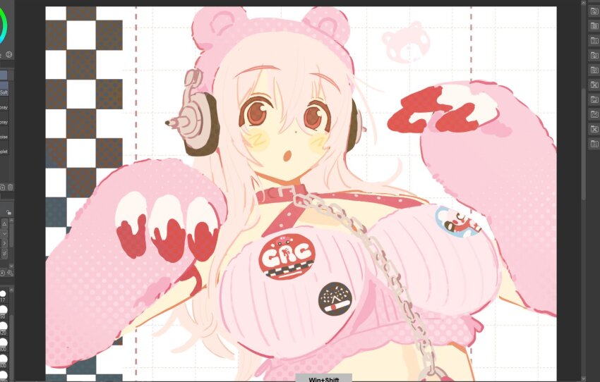 1girl :o animal_ears animal_hands badge bear_ears bra breasts button_badge chain checkered_background chest_harness claws cleavage collar cosplay fake_blood gloomy_bear gloomy_bear_(cosplay) gloves harness headphones itazuraguma_no_gloomy large_breasts long_hair looking_at_viewer mota_(motaberrie) nitroplus o-ring open_mouth paw_gloves pink_bra pink_collar pink_hair red_eyes scene_fashion sidelocks solo super_sonico underwear