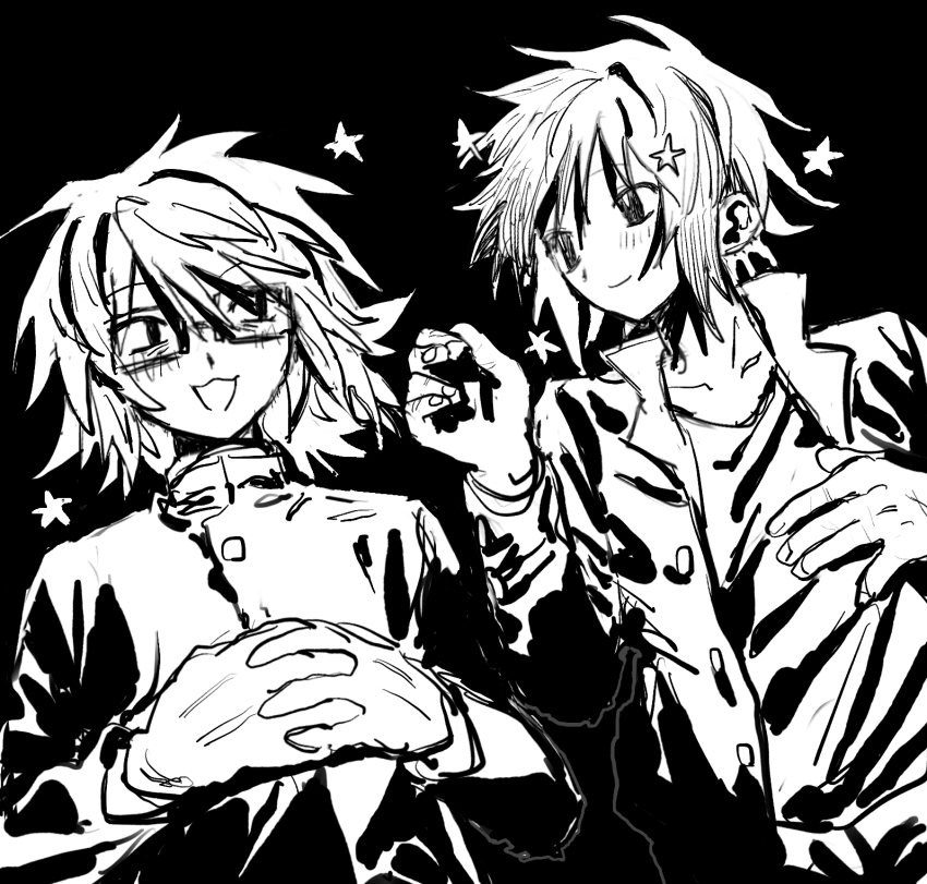 2boys black_background commentary_request gakuran glasses greyscale highres looking_at_another lying male_focus monochrome multiple_boys on_back randal&#039;s_friends randal_ivory school_uniform short_hair star_(symbol) tami_tome_mo tsukada_satoru
