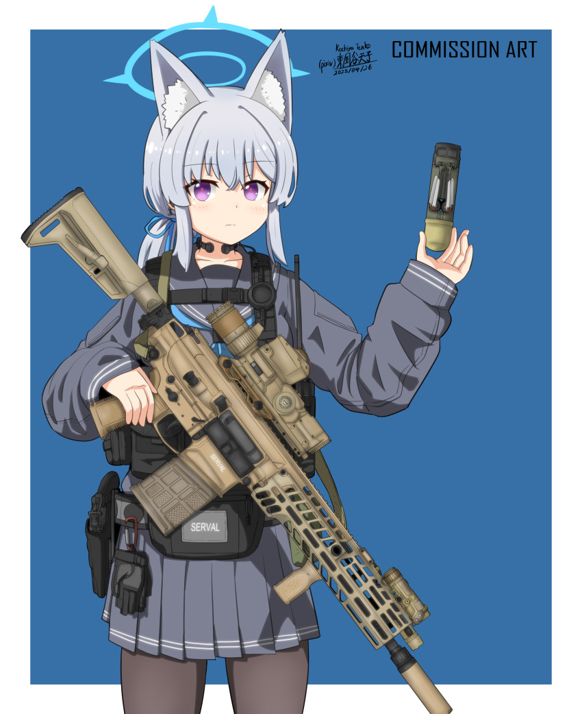 1girl absurdres animal_ear_fluff animal_ears artist_name assault_rifle belt belt_pouch black_gloves black_pantyhose blue_archive blue_background blue_cardigan blue_eyes blue_hair blue_halo blue_neckerchief blue_ribbon blue_sailor_collar blue_skirt border borrowed_character buckle bulletproof_vest carabiner cardigan chinese_commentary closed_mouth collarbone commentary_request commission cowboy_shot dated drone earpiece english_text fox_ears fox_girl gloves gun gun_sling halo handgun highres holding holding_gun holding_weapon holster kochiya_tenko laser_sight light_frown load_bearing_vest long_hair long_sleeves magazine_(weapon) neckerchief original pantyhose pixiv_commission pleated_skirt ponytail pouch revolver ribbon rifle sailor_collar school_uniform scope serafuku sidelocks sig_mcx sig_sauer skirt snap-fit_buckle solo suppressor tactical_clothes tactical_school_uniform unworn_gloves vertical_foregrip walkie-talkie weapon white_border