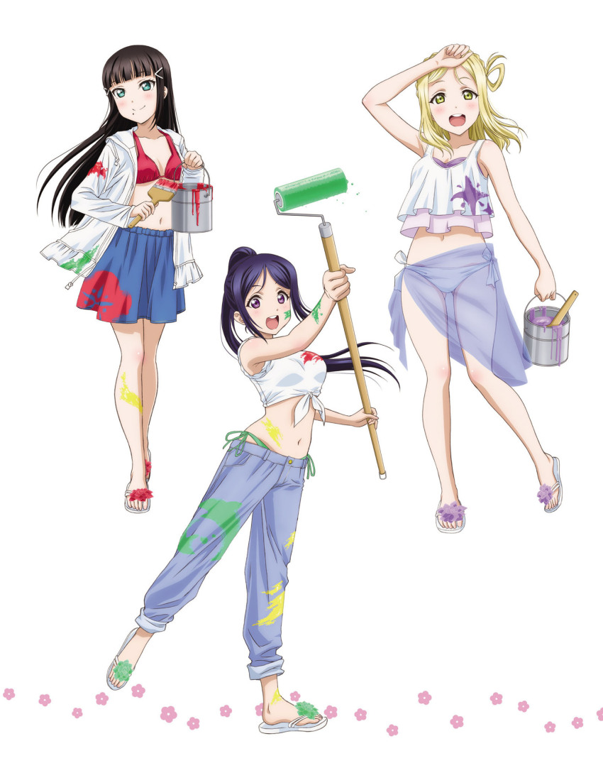 3girls :d aqua_eyes arm_up artbook bikini bikini_under_clothes black_hair blonde_hair blue_pants blue_skirt blunt_bangs blush braid breasts cleavage collarbone crown_braid denim floating_hair front-tie_top full_body hair_ornament high_ponytail highres holding jacket kurosawa_dia long_hair looking_at_viewer love_live! love_live!_sunshine!! matsuura_kanan medium_breasts midriff mole mole_under_mouth multiple_girls navel non-web_source official_art ohara_mari open_clothes open_jacket open_mouth paint paint_can paint_on_body paint_on_clothes paint_splatter paint_splatter_on_face paintbrush pants ponytail purple_eyes purple_hair red_bikini sandals see-through_clothes shirt side-tie_bikini_bottom simple_background skirt sleeveless sleeveless_shirt smile standing swimsuit tied_shirt white_background white_bikini white_jacket white_shirt yellow_eyes