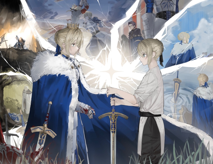 2boys 2girls absurdres aged_down ahoge armor artoria_pendragon_(fate) avalon_(fate) bedivere_(fate) black_ribbon blood blue_cape blue_ribbon braid caliburn_(fate) cape commentary_request crown excalibur_(fate/stay_night) fate/apocrypha fate/grand_order fate/stay_night fate_(series) french_braid from_side fur-trimmed_cape fur_trim gauntlets grass grey_hair hair_ribbon highres holding holding_polearm holding_sword holding_weapon lance lancelot_(fate/grand_order) mordred_(fate) mordred_(fate/apocrypha) multiple_boys multiple_girls polearm profile purple_hair rhongomyniad_(fate) ribbon saber_(fate) shiro_(siro_kuten) shirt short_hair short_sleeves sitting sword time_paradox weapon white_shirt