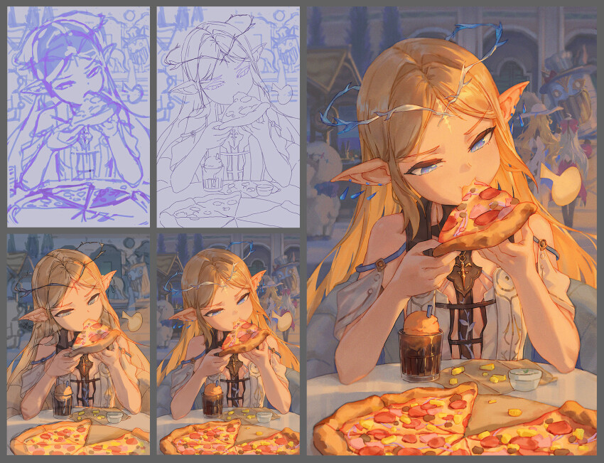 3girls bare_shoulders blue_eyes breasts carlotta_(wuthering_waves) cartethyia_(wuthering_waves) commentary crown_of_thorns earrings eating english_commentary food fruit hawaiian_pizza highres holding holding_food holding_pizza ice_cream ice_cream_float jewelry making-of multiple_girls paper_towel phoebe_(wuthering_waves) pineapple pineapple_on_pizza pineapple_slice pizza pointy_ears sauce small_breasts solo_focus tacet_mark_(wuthering_waves) wuthering_waves zheng_jian