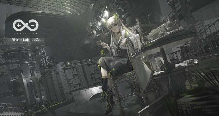 1girl absurdres arknights blonde_hair bookshelf boots chair coat crossed_legs cup elbow_on_table full_body green_eyes highres holding holding_cup indoors lab_coat long_hair momoaya muelsyse_(arknights) pointy_ears rhine_lab_logo sitting skirt smile solo stairs table teacup teapot
