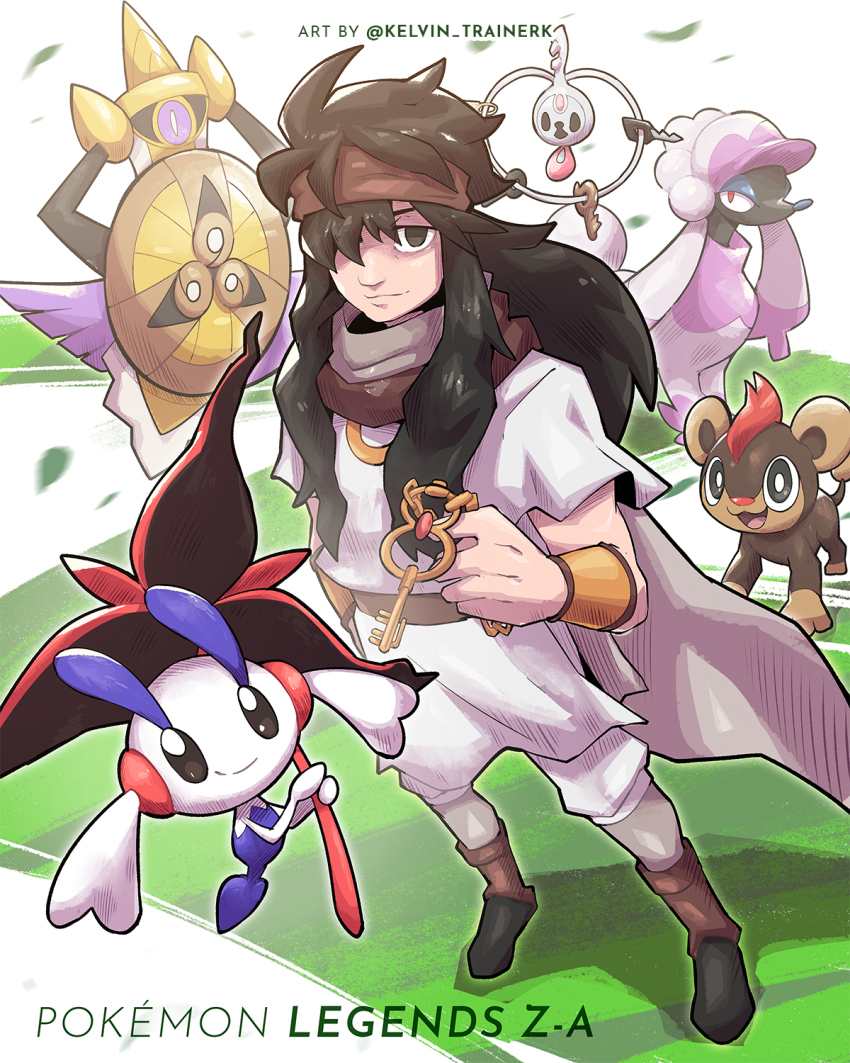 1boy aegislash az_(pokemon) black_footwear brown_headband brown_scarf commentary copyright_name falling_leaves floette floette_(eternal) furfrou furfrou_(matron) gen_6_pokemon hand_up headband highres holding kelvin-trainerk key klefki leaf litleo long_hair male_focus motion_blur nintendo pokemon pokemon_(creature) pokemon_legends:_z-a pokemon_xy scarf shirt shoes short_sleeves standing twitter_username watermark white_shirt wristband