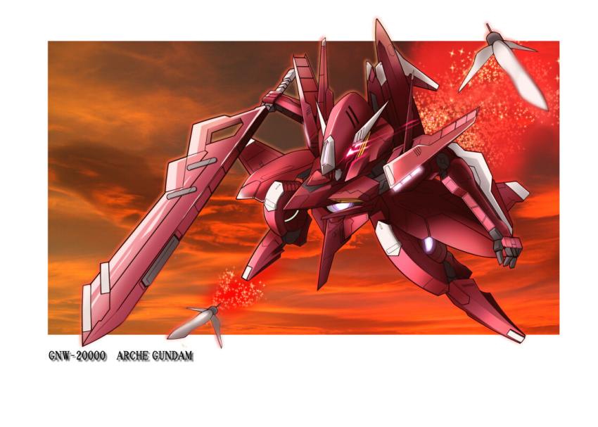 arche_gundam border character_name chibi commentary english_text exhaust extra_eyes funnels_(gundam) glowing glowing_eyes gundam gundam_00 holding holding_sword holding_weapon light_particles mecha no_humans orange_sky red_eyes robot science_fiction sd_gundam sky solo sword take_tonbo v-fin weapon white_border