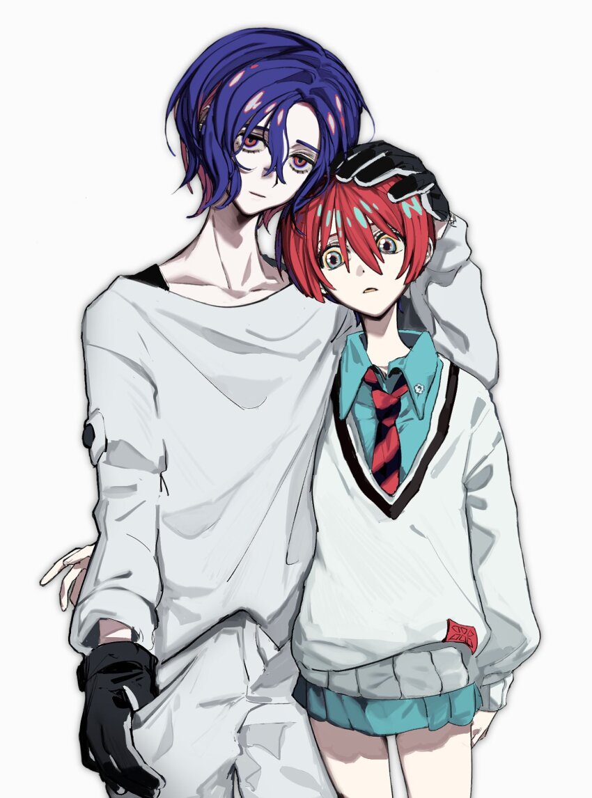 1boy 1girl amate_yuzuriha aqua_eyes blue_hair collared_shirt colored_inner_hair commentary cowboy_shot gloves gundam gundam_gquuuuuux hand_on_another&#039;s_head highres long_sleeves looking_at_viewer multicolored_hair necktie p_copopo red_eyes red_hair school_uniform shirt short_hair shuji_ito simple_background skirt sweater two-tone_hair white_background white_shirt
