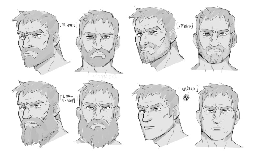 1boy alternate_facial_hair bara beard beard_stubble connected_beard cropped_head crusader_(darkest_dungeon) darkest_dungeon facial_hair frown full_beard greyscale highres long_beard male_focus mature_male monochrome monstyra mustache short_hair stubble thick_eyebrows thick_mustache three_quarter_view tsurime variations