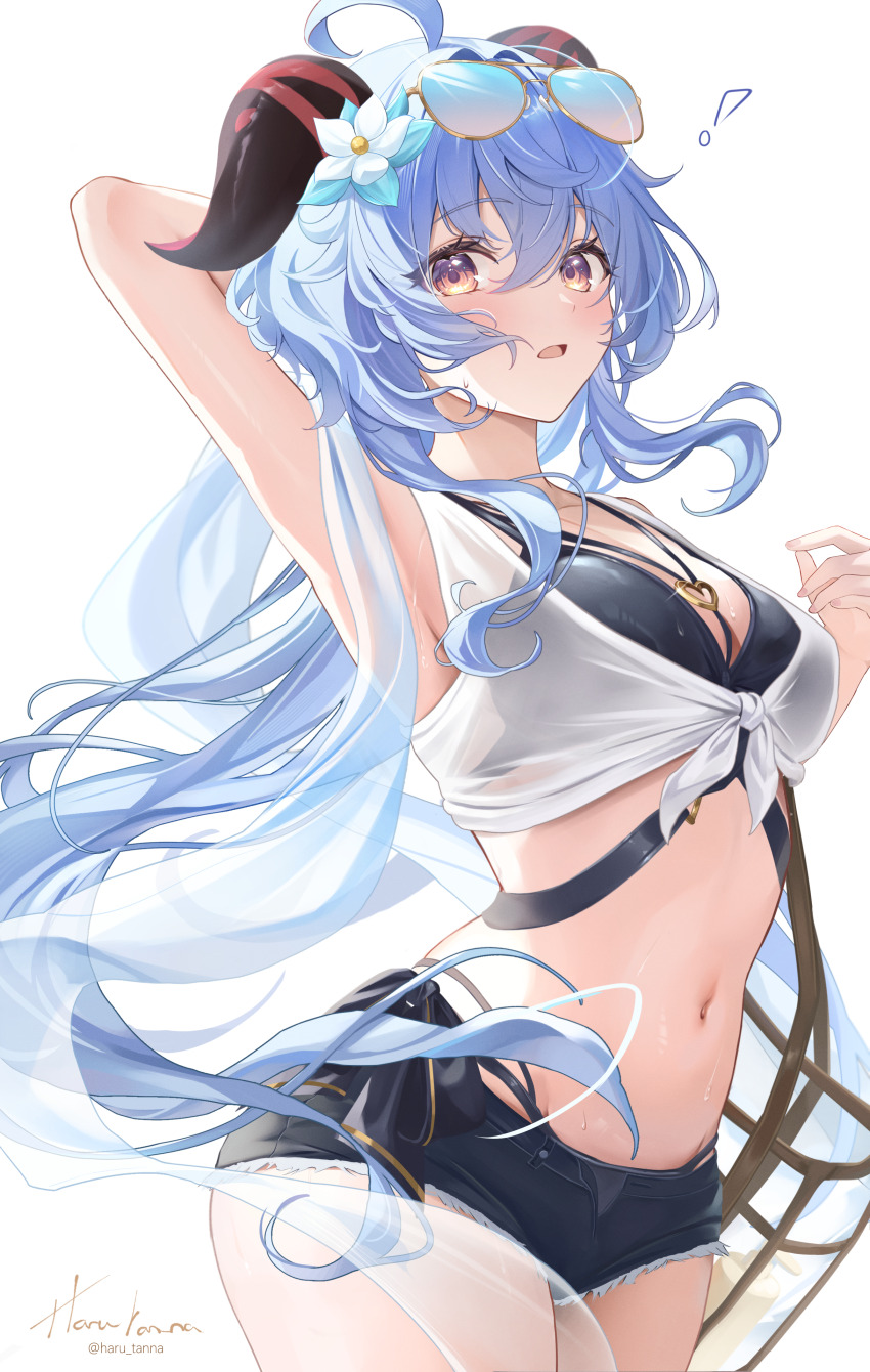 ! 1girl absurdres ahoge alternate_costume arm_behind_head bikini bikini_top_only black_bikini black_shorts blue_hair blush breasts cleavage commentary contemporary cowboy_shot denim denim_shorts english_commentary eyewear_on_head ganyu_(genshin_impact) genshin_impact goat_horns hair_between_eyes hand_up harukix highres horns large_breasts long_hair looking_at_viewer multicolored_eyes navel open_fly open_mouth purple_eyes shirt shorts signature solo stomach sunglasses sweat swimsuit thighs tied_shirt two-tone_eyes very_long_hair white_shirt yellow_eyes