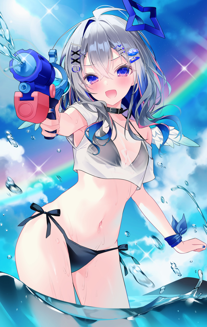 1girl :d absurdres ahoge alternate_costume amane_kanata angel_wings bear_hair_ornament bikini bikini_under_clothes black_bikini blue_hair blue_nails blue_sky blue_wings character_hair_ornament closed_eyes colored_inner_hair commentary_request cropped_shirt crossed_bangs day feathered_wings gradient_wings grey_hair hair_between_eyes hair_ornament hairclip halo highres holding holding_water_gun hololive long_hair looking_at_viewer mini_wings multicolored_hair multicolored_wings nail_polish navel official_alternate_hairstyle open_mouth outdoors outstretched_arm partially_underwater_shot pink_hair purple_eyes rainbow see-through_clothes see-through_shirt shirt side-tie_bikini_bottom sidelocks single_hair_intake sky smile solo star_halo stomach streaked_hair swimsuit t-shirt upao_(amane_kanata) ureinnn virtual_youtuber wading water_gun wet wet_clothes wet_shirt white_shirt white_wings wings x_hair_ornament