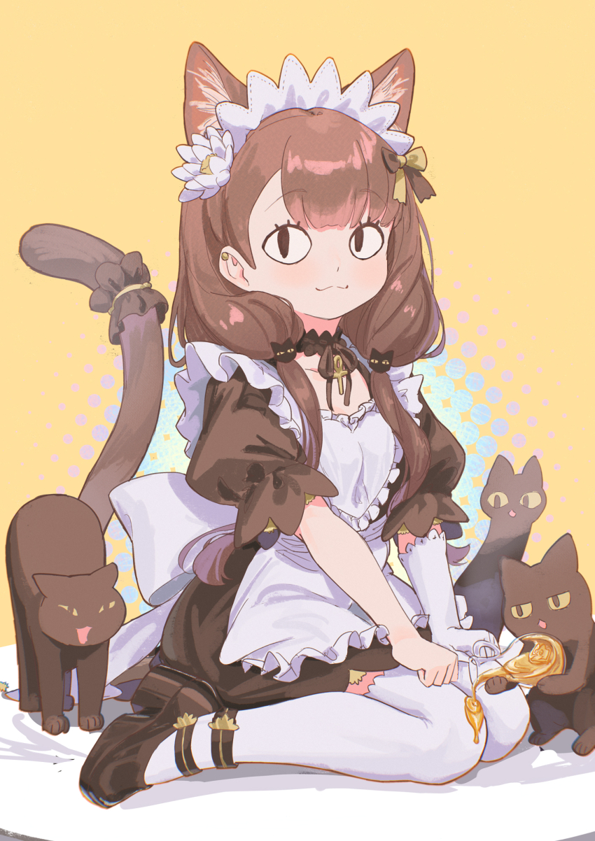 &lt;|&gt;_&lt;|&gt; 1girl :3 alternate_costume alternate_hairstyle animal_ears ankh ankh_necklace apron arknights asymmetrical_bangs black_cat black_choker black_dress black_shoes brown_hair cat cat_ears cat_girl cat_tail chack520 choker closed_mouth dress flower frilled_apron frilled_choker frills full_body gloves hair_flower hair_ornament hair_ribbon halftone halftone_background hands_on_own_thighs highres long_hair maid maid_apron maid_headdress pepe_(arknights) puffy_sleeves ribbon shoes short_sleeves single_glove sitting smile syrup tail thighhighs wariza white_flower white_thighhighs yellow_background