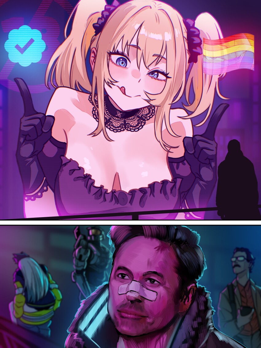 1girl absurdres ani_(xai) bare_shoulders black_corset black_dress black_gloves blade_runner_(series) blade_runner_2049 blonde_hair blue_eyes breasts cameo choker cleavage corset cyberpunk_(series) cyberpunk_edgerunners david_martinez dress elon_musk gloves goth_fashion grok_(xai) halo_(series) her_(2013_movie) highres lace lace-trimmed_choker lace-trimmed_gloves lace_choker lace_collar lace_trim large_breasts long_hair looking_at_viewer lucy_(cyberpunk) master_chief meme off-shoulder_dress off_shoulder open_mouth simple_background smile theodore_twombly twintails twitter vlizz xai_(company) you_look_lonely_(meme)
