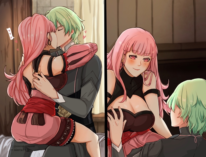 1boy 1girl alternate_hairstyle ass black_pants black_shirt breasts cleavage closed_eyes closed_mouth commentary commission earrings english_commentary fire_emblem fire_emblem:_three_houses grabbing_another&#039;s_breast green_hair groping hair_down heart hetero highres hilda_valentine_goneril hilda_valentine_goneril_(timeskip) hoop_earrings indoors jewelry kiss large_breasts lips long_hair looking_at_another male_byleth_(awakened)_(fire_emblem) male_byleth_(fire_emblem) nintendo o-ring pants pink_hair pink_lips shirt short_hair sierra117renner sitting sitting_on_lap sitting_on_person smile twitter_username undressing_another very_long_hair