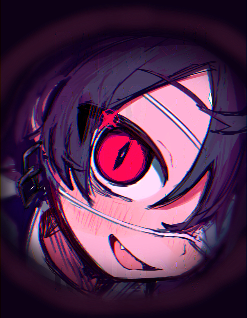 1boy absurdres black_hair black_jacket blush chromatic_aberration commentary_request earrings eyepatch fang fisheye highres jacket jewelry looking_at_viewer male_focus medical_eyepatch monitoring_(vocaloid) open_mouth original parted_bangs pov_peephole red_eyes shirt shou_(uenomigi) slit_pupils smile solo uenomigi white_shirt