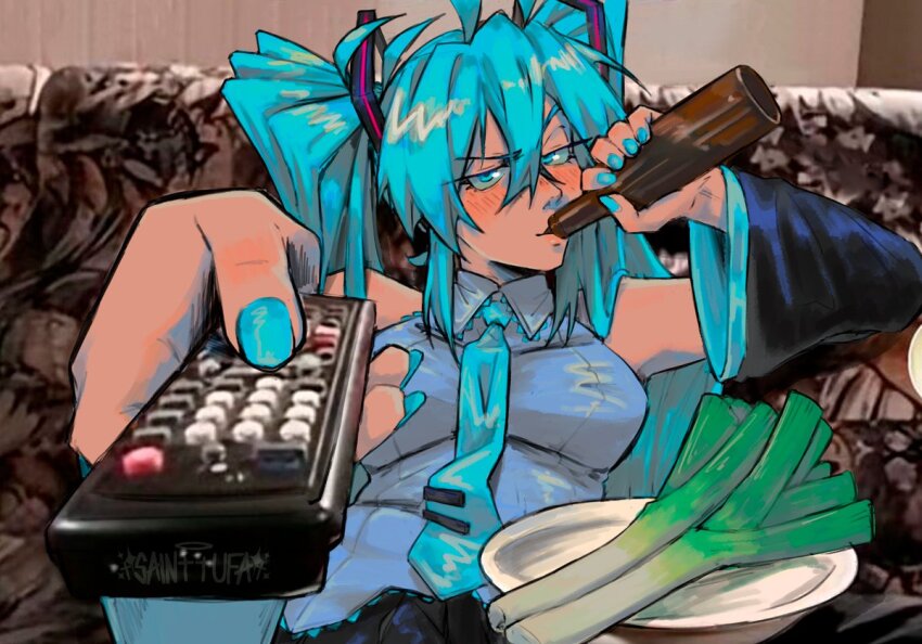 1girl aqua_eyes aqua_hair aqua_nails aqua_necktie bare_shoulders black_sleeves blush bottle breasts controller detached_sleeves drinking fingernails grey_shirt hair_between_eyes hair_ornament hatsune_miku holding holding_bottle holding_remote_control indoors jitome lace lace-trimmed_shirt lace_trim long_hair looking_at_viewer man_watching_tv_(meme) medium_breasts meme nail_polish necktie nose_blush photo_background plate remote_control sainttufa shirt sleeveless sleeveless_shirt solo spring_onion twintails vocaloid