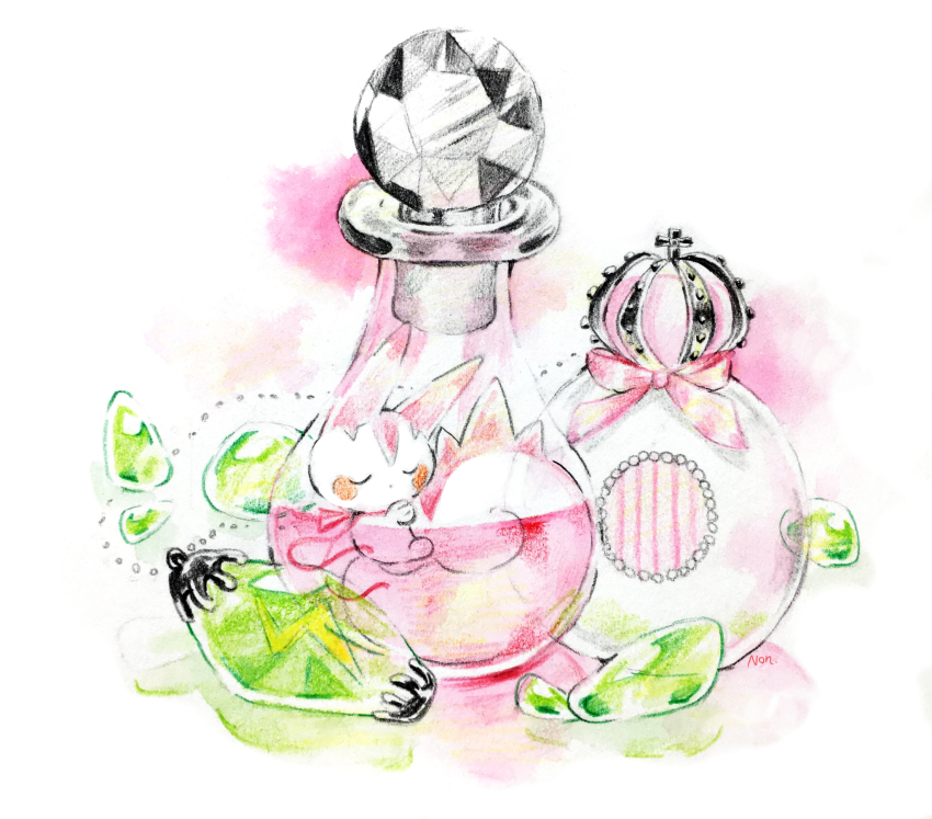 animal_focus bottle closed_eyes colored_pencil_(medium) diamond_(gemstone) evolution_stone evolutionary_stone game_freak gem gen_4_pokemon green_gemstone highres in_container neck_ribbon nintendo no_humans non_(kumakawayusu) pachirisu perfume_bottle pokemon pokemon_(creature) red_ribbon ribbon solo thunder_stone traditional_media white_background