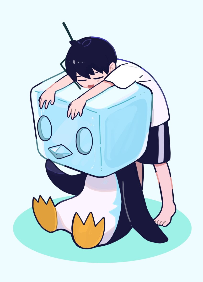1boy barefoot black_hair black_shorts closed_eyes eiscue eiscue_(ice) gen_8_pokemon hashtag-only_commentary highres leaning male_focus nintendo open_mouth pokemon pokemon_(creature) s1ho_(ukiy0u0) shirt short_hair short_sleeves shorts solo standing t-shirt very_short_hair white_shirt