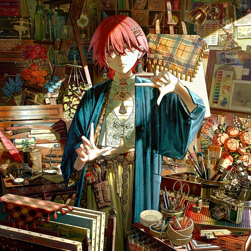 1other absurdres androgynous blue_jacket bottle bowl clock closed_mouth colored_pencil colorful commentary_request cowboy_shot crayon denn_(naluse_flow) drawing_(object) earrings easel eraser expressionless finger_frame flower hair_ornament hairclip highres indoors inkwell jacket jewelry lamp looking_at_viewer magnifying_glass open_clothes open_jacket original paint_palette paintbrush paintbrush_earrings pen pencil pencil_sharpener pendulum_clock photo_(object) pocket_watch postcard quill red_eyes red_hair scissors short_hair sidelighting solo straight-on watch