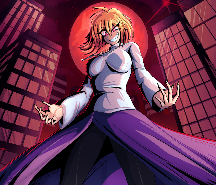 absurdres arcueid_brunestud black_pantyhose blonde_hair breasts building city fingernails full_moon highres jewelry large_breasts megaxlex moon necklace night night_sky pantyhose purple_skirt red_arcueid red_eyes red_moon red_sky sharp_fingernails sharp_teeth short_hair skirt sky sweater teeth tsukihime tsukihime_(remake)