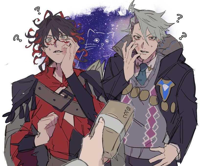 1other 2boys ? ?? ahoge banknote black_eyes black_hair chest_belt collared_shirt colored_inner_hair curly_hair dante_alighieri_(fate) dante_alighieri_(second_ascension)_(fate) fate/grand_order fate_(series) grey_eyes grey_hair hair_between_eyes hand_on_own_face highres holding holding_money injury jacket james_moriarty_(ruler)_(fate) jooojooo_oo lightning_ahoge long_sleeves looking_at_viewer male_focus medium_hair meme money multicolored_hair multiple_boys necktie open_mouth pov red_hair shirt short_hair space_cat_(meme) sweatdrop two-tone_hair upper_body white_shirt