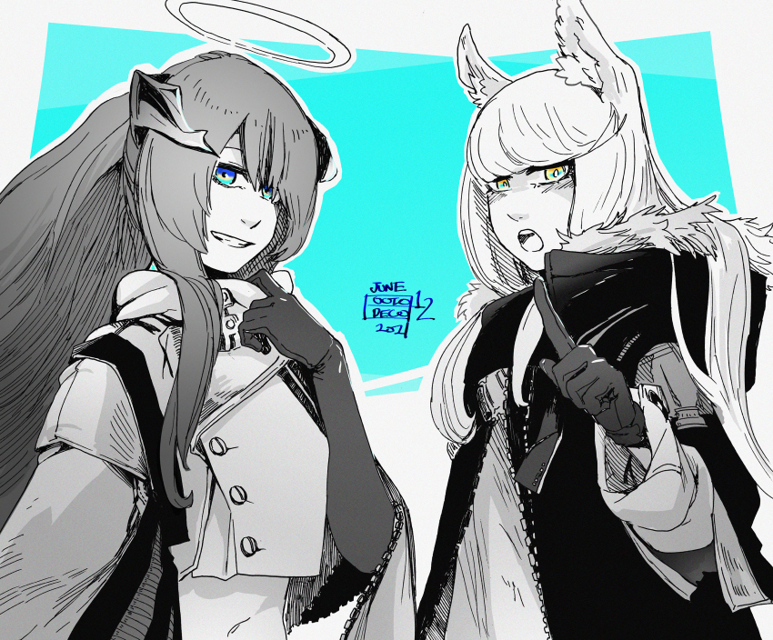 2girls alternate_costume animal_ear_fluff animal_ears arknights black_jacket blue_background blue_eyes cosplay costume_switch dated demon_horns elbow_gloves fallen_angel fur-trimmed_jacket fur_trim gloves grin halo highres horns horse_ears horse_girl huge_filesize jacket long_hair looking_at_viewer mostima_(arknights) mostima_(arknights)_(cosplay) multiple_girls navel octodeco platinum_(arknights) platinum_(arknights)_(cosplay) pointing smile two-tone_background white_background yellow_eyes
