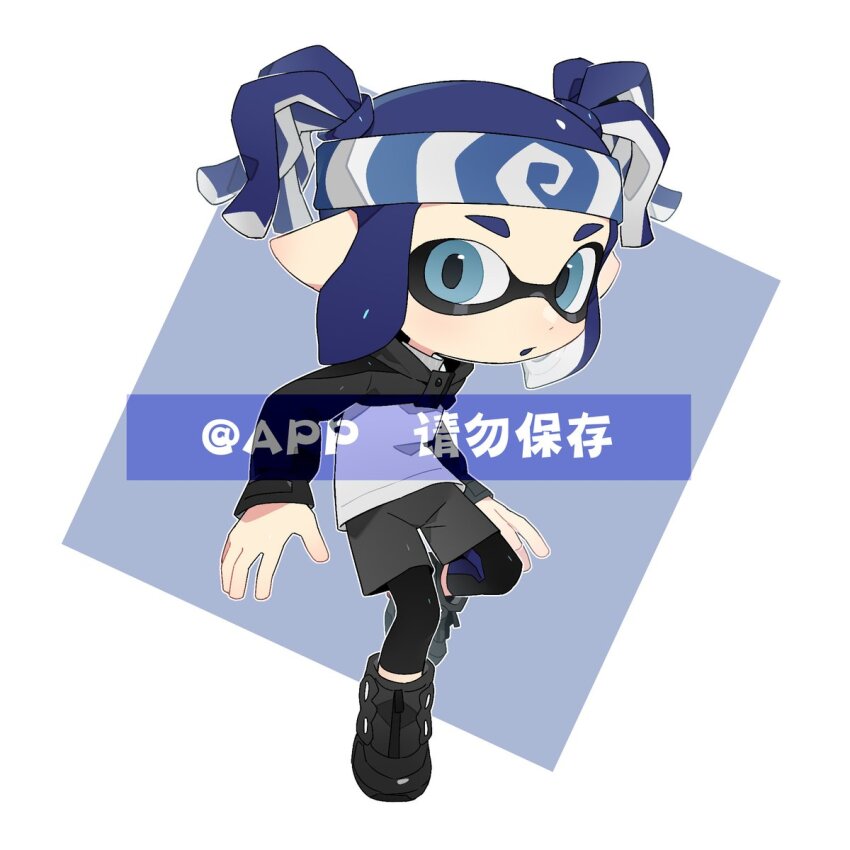 1girl :o black_leggings black_shoes black_shorts black_shrug blue_eyes chibi chibi_only colored_tongue full_body headband highres hood hood_down hooded_shrug ichijip_app inkling inkling_girl inkling_player_character leggings leggings_under_shorts long_sleeves looking_at_viewer nintendo open_mouth pointy_ears purple_hair purple_tongue shirt shoes short_hair short_twintails shorts shrug_(clothing) sidelocks solo splatoon_(series) standing standing_on_one_leg tentacle_hair twintails white_headband white_shirt