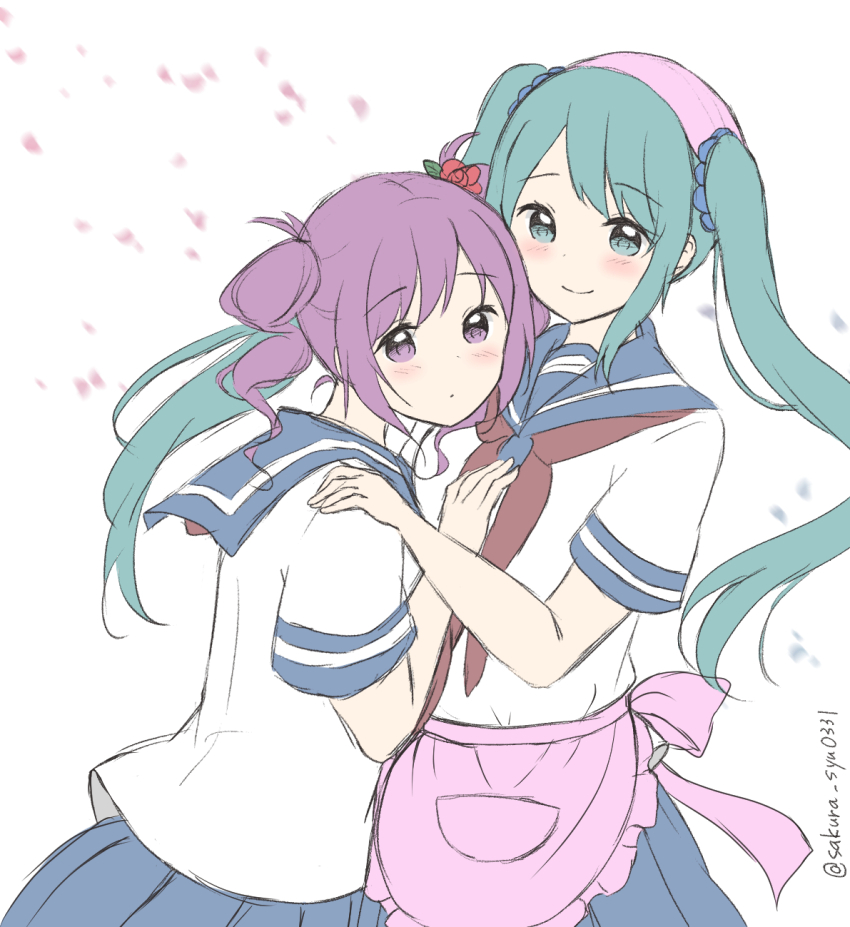 2girls apron artist_request drill_hair flower hair_flower hair_ornament highres hug kokona_haruka_(yandere_simulator) looking_at_viewer multiple_girls pink_apron purple_eyes purple_hair saki_miyu school_uniform serafuku smile twin_drills twintails yandere_simulator