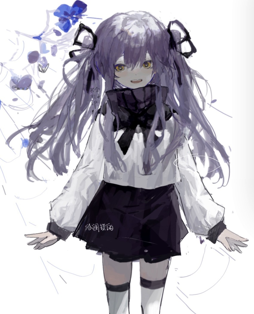 1girl black_ribbon black_skirt chinese_commentary commentary_request hair_between_eyes hair_ribbon highres long_hair long_sleeves looking_at_viewer neck_ribbon open_mouth original purple_hair ribbon shirt skirt smile solo thighhighs twintails vihua6 white_shirt white_thighhighs yellow_eyes