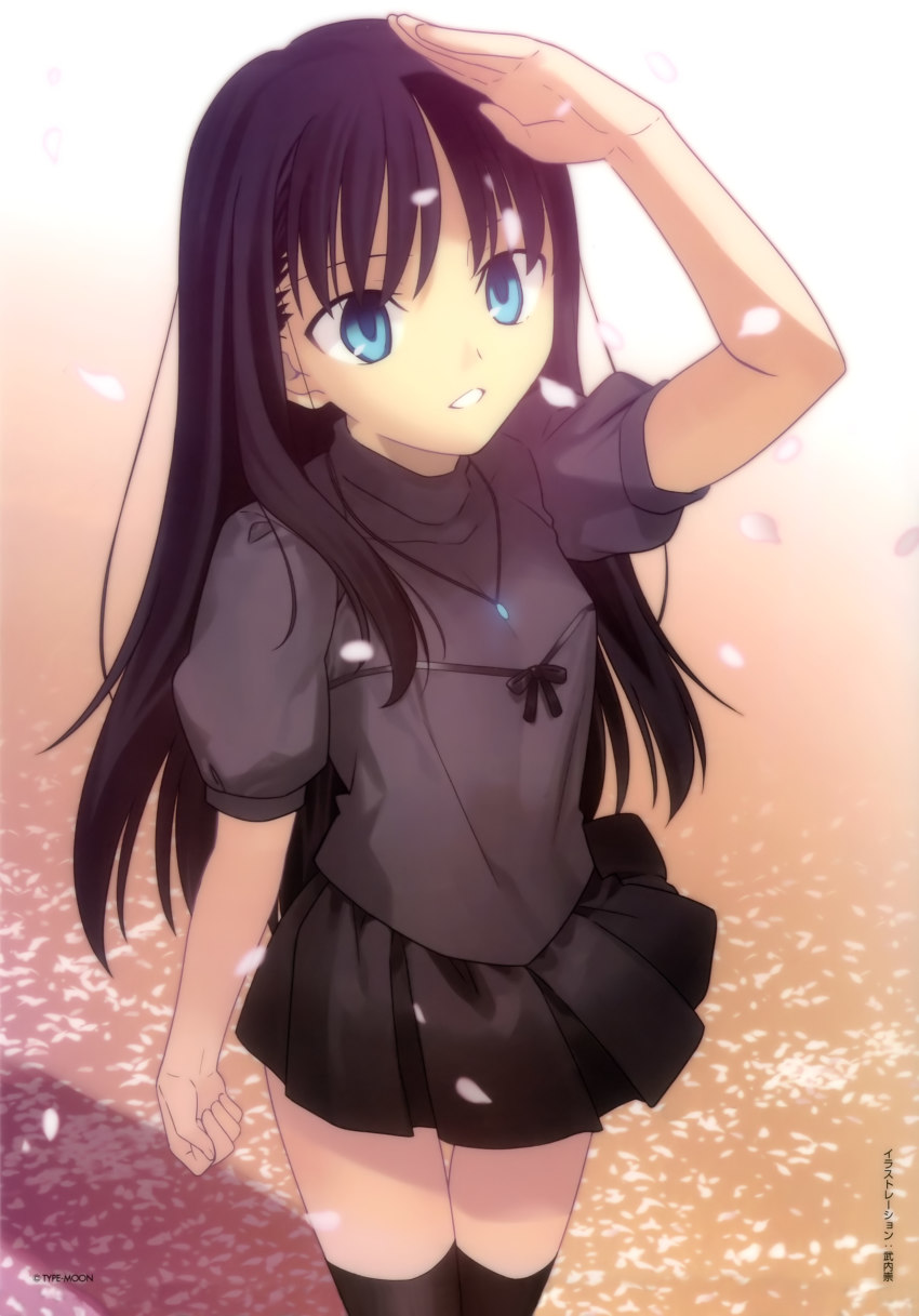1girl absurdres arm_up black_hair black_shirt black_skirt black_thighhighs blue_eyes cherry_blossoms cowboy_shot female_focus highres kara_no_kyoukai long_hair outdoors parted_lips pink_background pleated_skirt road ryougi_mana shading_eyes shirt short_sleeves skirt solo standing street takeuchi_takashi thighhighs white_background zettai_ryouiki