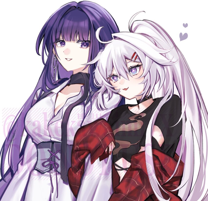 +_+ 2girls ahoge alternate_costume artist_name black_choker black_shirt blue_eyes blunt_bangs breasts choker cleavage collarbone collared_shirt couple crop_top earrings hair_between_eyes hair_down hair_ornament hairclip head_tilt heart high_ponytail highres honkai_(series) honkai_impact_3rd jewelry kakekawaimi kiana_kaslana kiana_kaslana_(herrscher_of_finality) large_breasts leaning_on_person leaning_to_the_side locked_arms long_hair long_sleeves looking_at_another looking_to_the_side multicolored_eyes multiple_girls off_shoulder official_alternate_costume open_clothes open_shirt parted_lips ponytail purple_eyes purple_hair purple_pupils raiden_mei raiden_mei_(apho) scarf shirt short_sleeves simple_background smile standing teeth tongue tongue_out twitter_username upper_body watermark white_background white_hair yuri