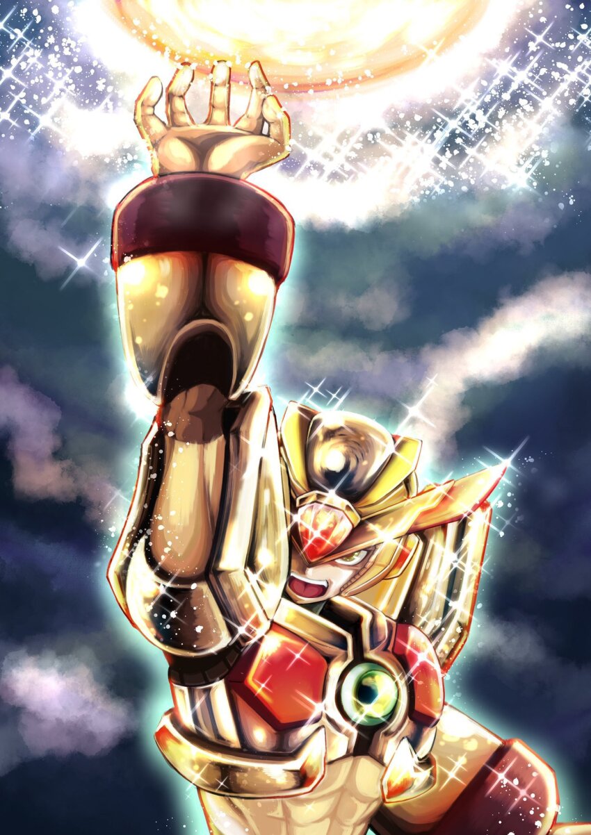 1boy agetatekoron2 android commentary_request glaring helmet highres male_focus mega_man_(series) mega_man_x3 mega_man_x_(series) outdoors sparkle upper_body x_(mega_man) yellow_eyes