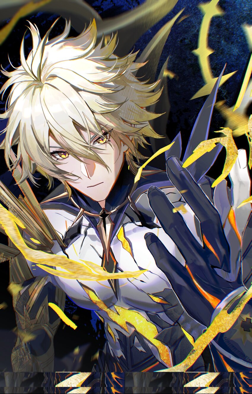 1boy antenna_hair armored_gloves bare_pectorals blonde_hair chinese_commentary colored_tips commentary_request hair_between_eyes halo halo_behind_head hand_up highres hip_armor honkai:_star_rail honkai_(series) injury liquid_gold looking_at_hand male_focus multicolored_hair pectorals phainon_(honkai:_star_rail) qiaose33912 short_hair solo spoilers yellow_eyes