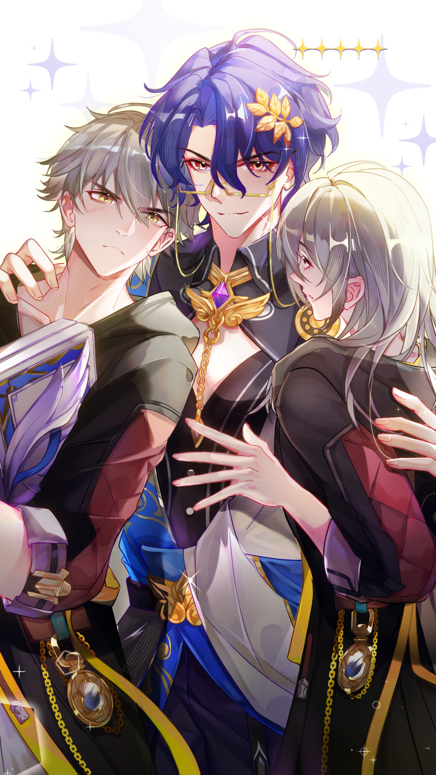 1girl 2boys absurdres black_jacket black_pants black_shirt blush caelus_(honkai:_star_rail) diamond_cutout dr._ratio_(honkai:_star_rail) glasses grey_hair hair_between_eyes highres holding honkai:_star_rail honkai_(series) jacket jewelry long_hair long_sleeves multiple_boys pants purple_hair red_eyes scar scar_on_face shenjudongmandabanban shirt short_hair stelle_(honkai:_star_rail) trailblazer_(honkai:_star_rail) white_background yellow_eyes