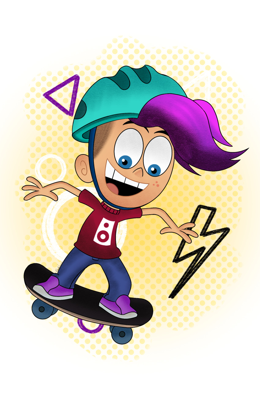 1boy absurdres blue_eyes blue_helmet blue_pants denim freckles helmet highres jeans kid lightning_bolt_symbol looking_down nickelodeon open_mouth pants print_shirt purple_hair purple_shoes red_shirt shirt shoes short_hair short_sleeves skateboard skateboarding smile teeth the_fairly_oddparents the_fairly_oddparents:_a_new_wish toonrandy white_background winn_harper_(the_fairly_oddparents:_a_new_wish)