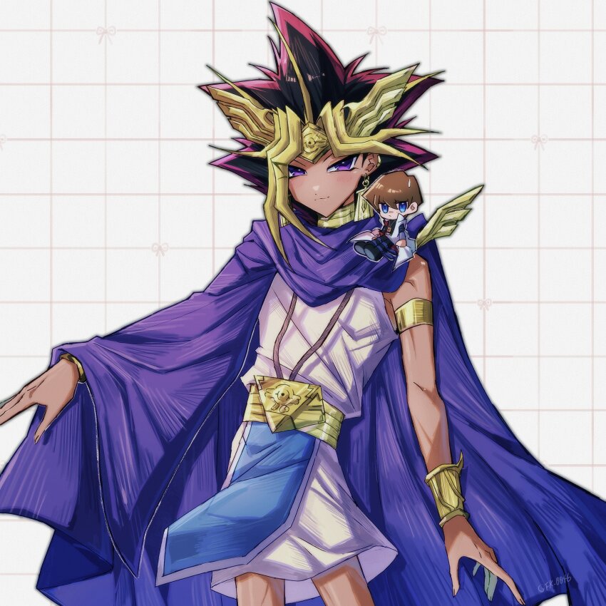2boys absurdres ancient_egyptian_clothes atem black_hair blonde_hair brown_hair cape chibi commentary_request cowboy_shot fk_0046 grey_background highres kaiba_seto male_focus medium_hair millennium_puzzle mini_person multicolored_hair multiple_boys purple_cape purple_eyes purple_hair shirt simple_background single_bare_shoulder spiked_hair white_shirt yu-gi-oh! yu-gi-oh!_duel_monsters