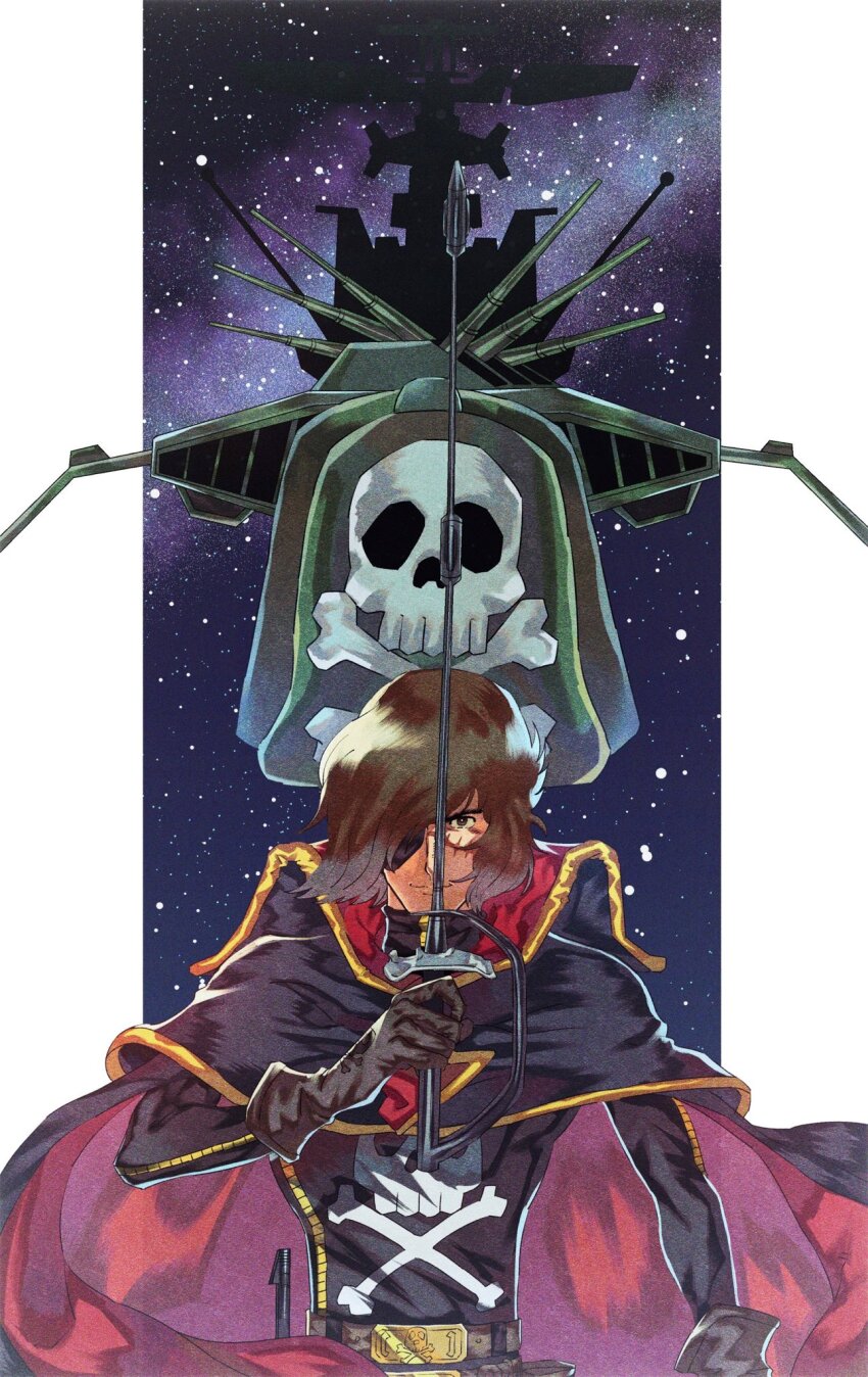 1boy arcadia arm_at_side belt belt_buckle black_cape black_jacket brown_belt brown_eyes brown_gloves brown_hair buckle cannon cape closed_mouth commentary energy_cannon eyepatch gloves hand_up harlock harlock_saga high_collar highres holding holding_sword holding_weapon jacket looking_at_viewer male_focus military_vehicle one_eye_covered pillarboxed pirate pirate_ship red_cape scar scar_on_face science_fiction short_hair skull_and_crossbones slllle1 smile solo space spacecraft split_mouth star_(sky) straight-on sword two-sided_cape two-sided_fabric two-tone_cape uchuu_kaizoku_captain_harlock upper_body weapon