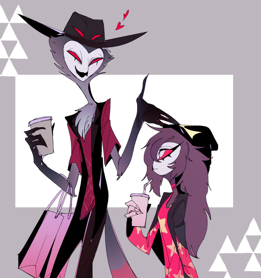 1boy 1girl ama0805 beak beanie bird_boy bird_girl cardigan extra_eyes father_and_daughter grey_cardigan hat helluva_boss highres looking_at_another octavia_(helluva_boss) red_eyes stolas_(helluva_boss)