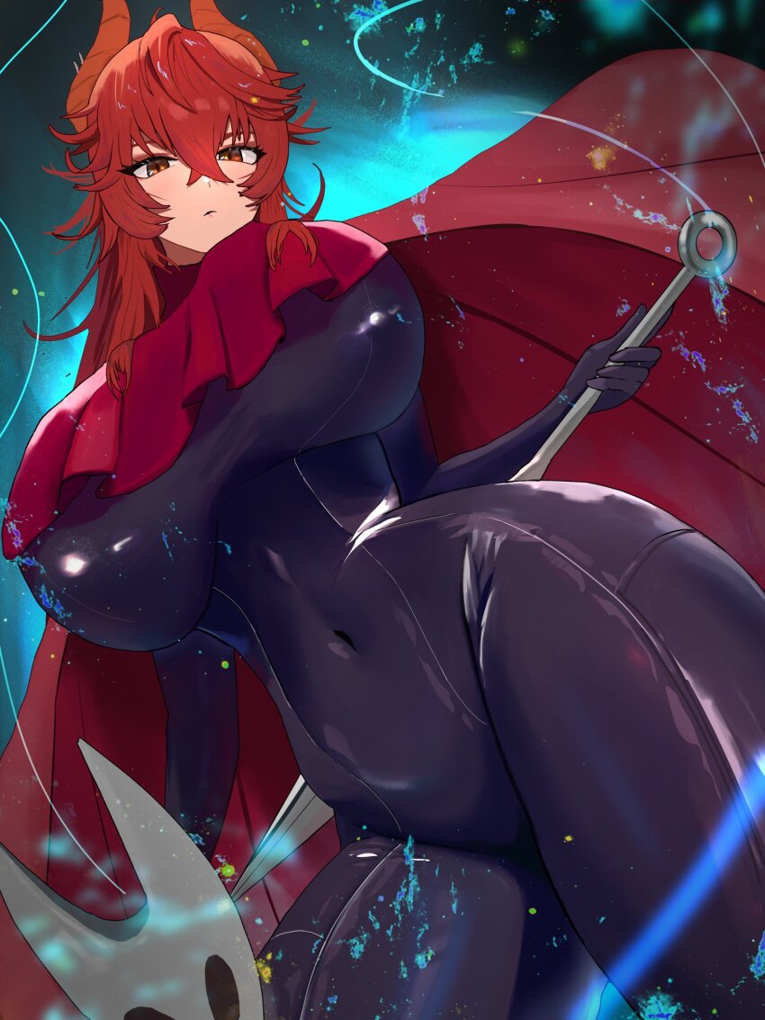 1girl arata_(artist) black_bodysuit bodysuit breasts cape cloak cosplay curvy dragon_girl dragon_horns highres holding holding_weapon hollow_knight hollow_knight:_silksong hornet_(hollow_knight) hornet_(hollow_knight)_(cosplay) horns large_breasts long_hair looking_at_viewer mask needle_(hollow_knight) red_cloak red_hair thick_thighs thighs virtual_youtuber vshojo weapon yellow_eyes zentreya