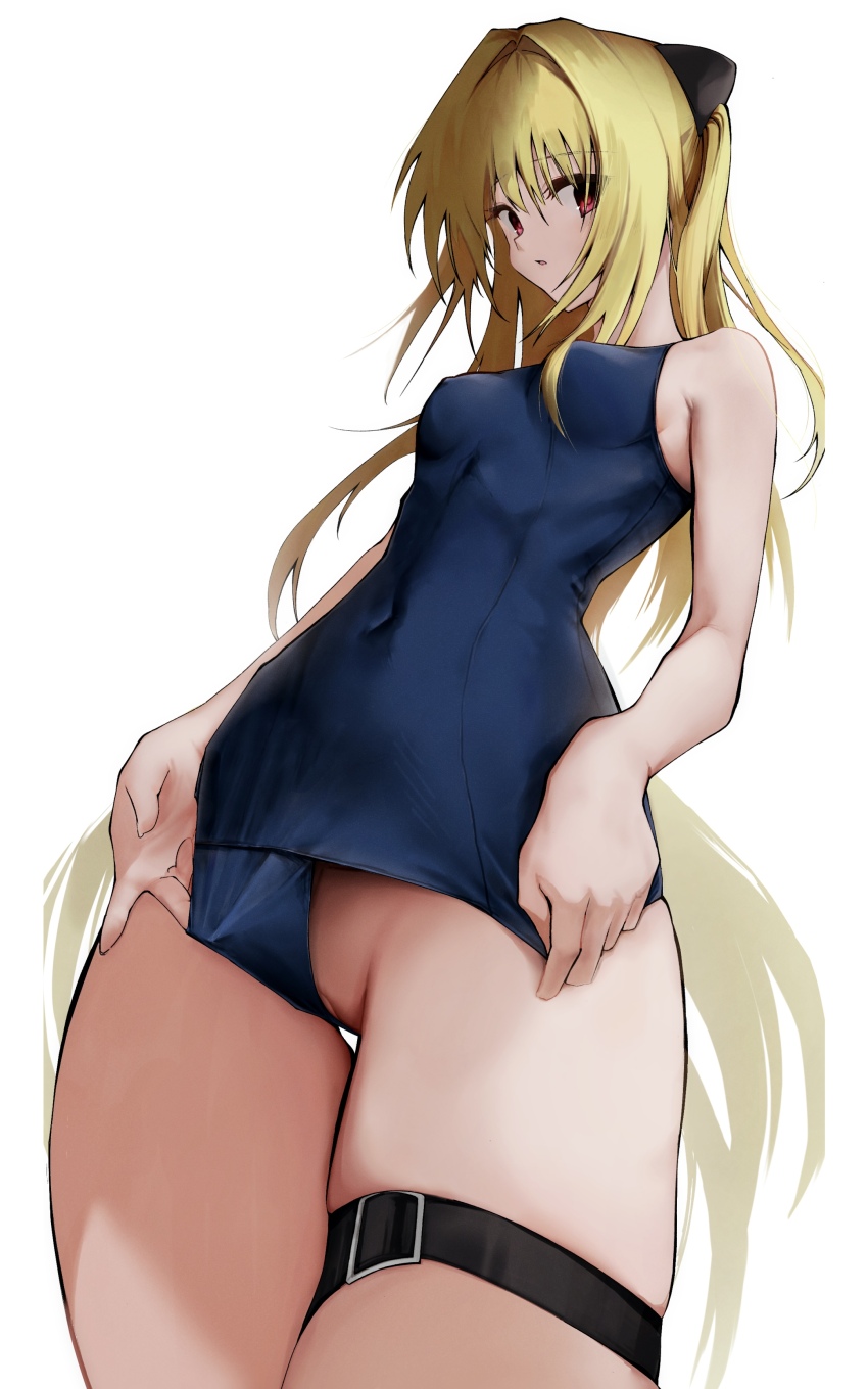 1girl absurdres blonde_hair blue_one-piece_swimsuit breasts clothing_aside commentary cone_hair_bun covered_navel eee_mii from_below hair_bun hair_intakes highres konjiki_no_yami long_hair looking_at_viewer old_school_swimsuit one-piece_swimsuit parted_lips pussy red_eyes school_swimsuit simple_background small_breasts solo swimsuit swimsuit_aside thigh_strap thighs to_love-ru two_side_up uncensored very_long_hair white_background